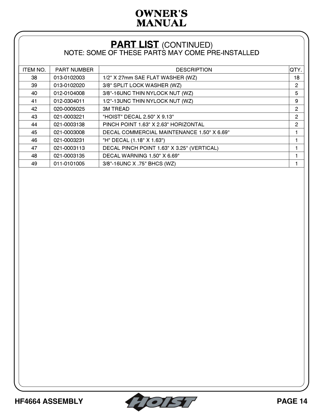 Hoist Fitness HF4664 owner manual Part List 