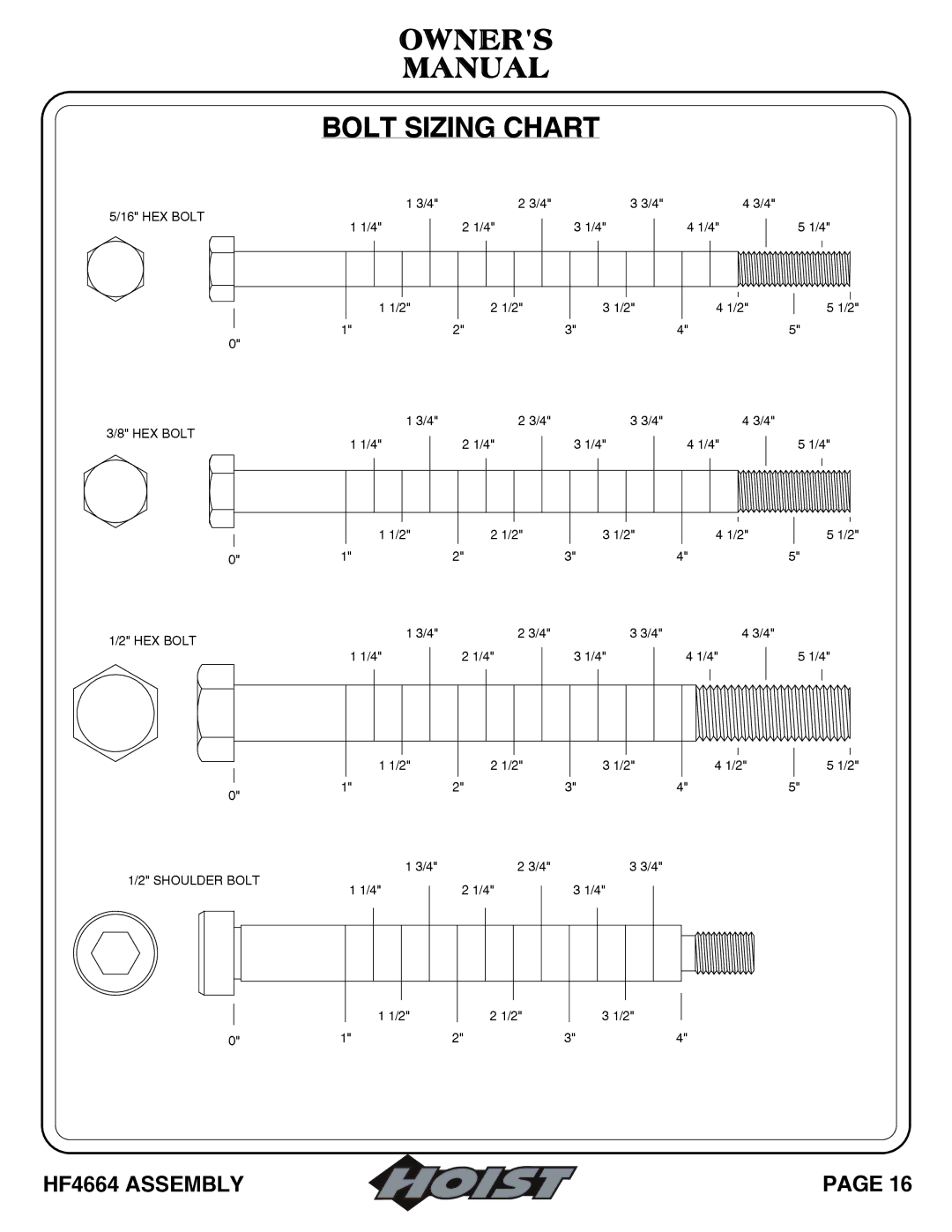 Hoist Fitness HF4664 owner manual Owners Manual Bolt Sizing Chart 