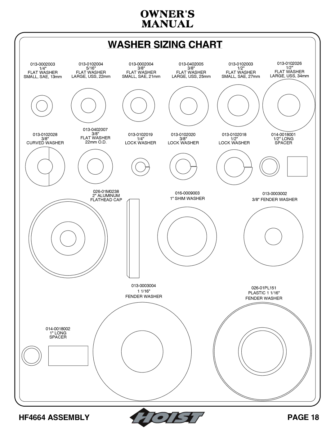 Hoist Fitness HF4664 owner manual Owners Manual Washer Sizing Chart 