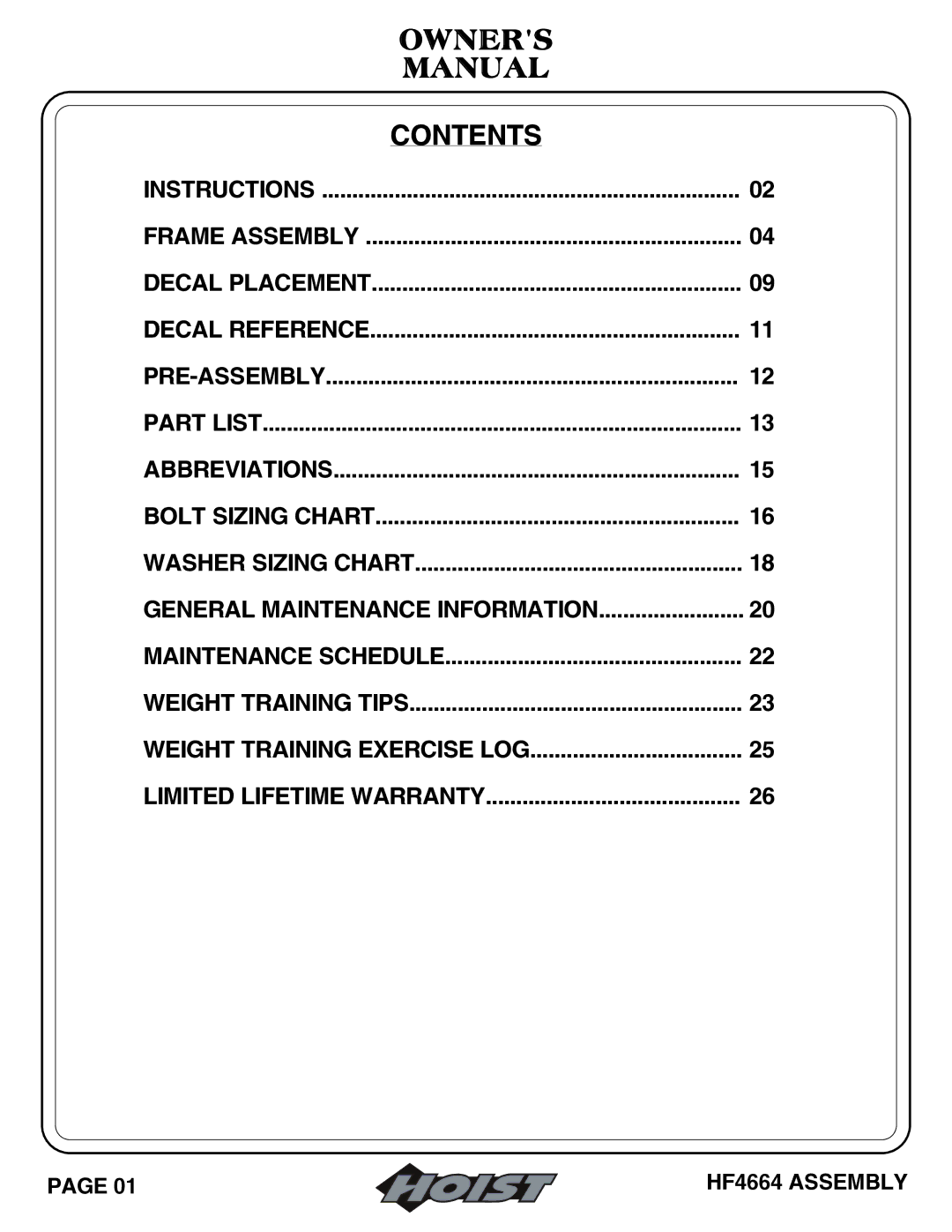 Hoist Fitness HF4664 owner manual Owners Manual Contents 