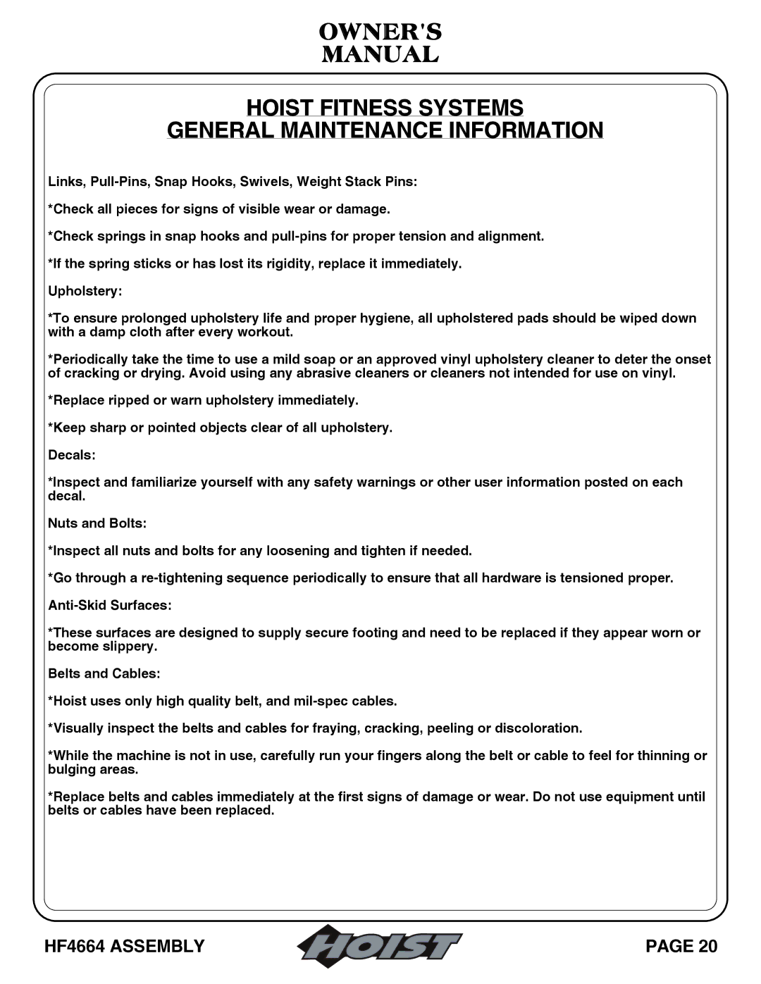 Hoist Fitness owner manual HF4664 Assembly 