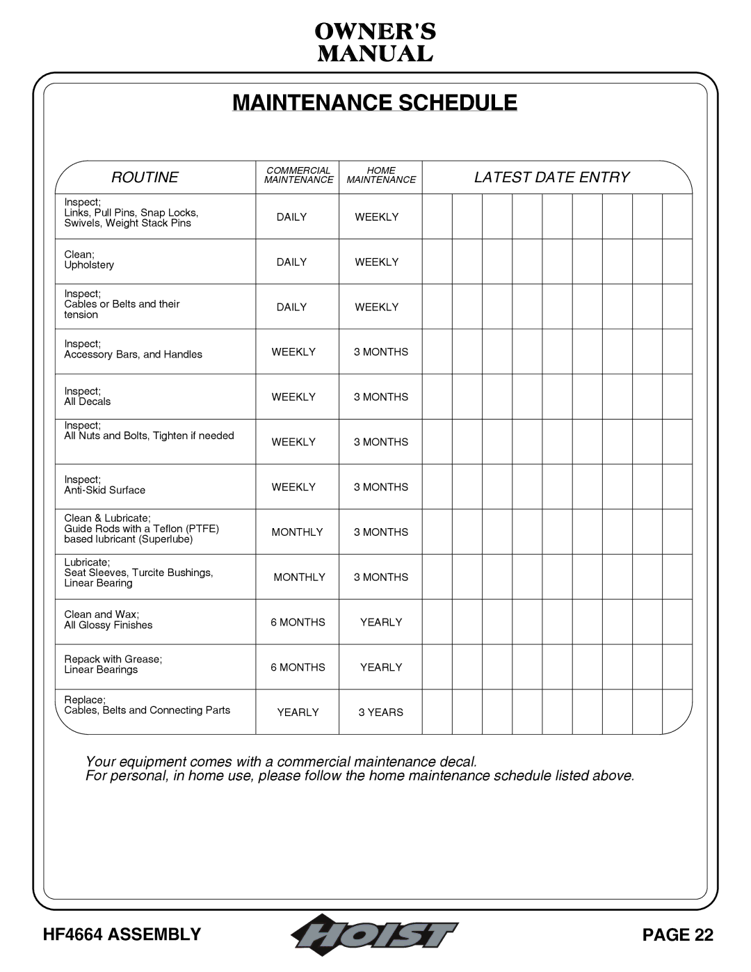 Hoist Fitness HF4664 owner manual Owners Manual Maintenance Schedule, Routine 