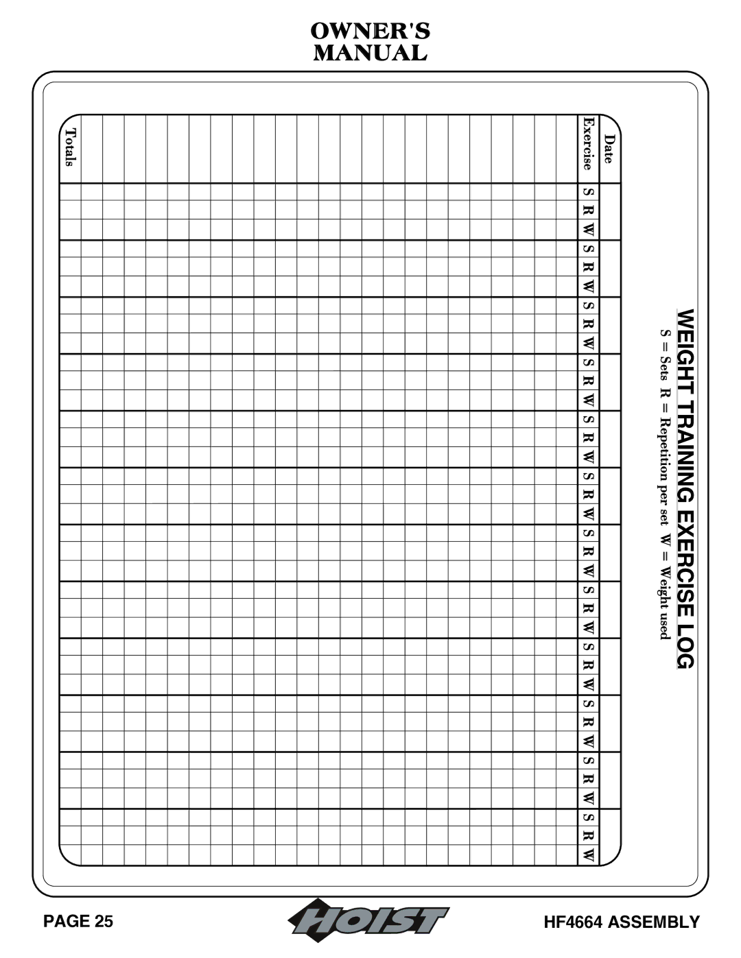 Hoist Fitness HF4664 owner manual Weight Training Exercise LOG 