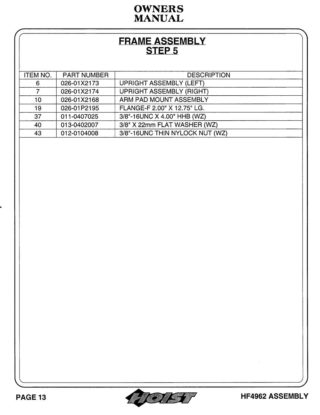 Hoist Fitness HF4962 owner manual 