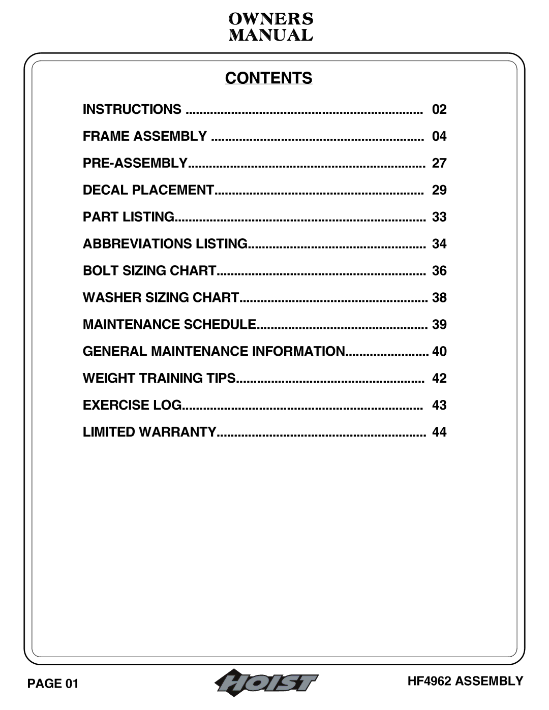 Hoist Fitness HF4962 owner manual Owners Manual 