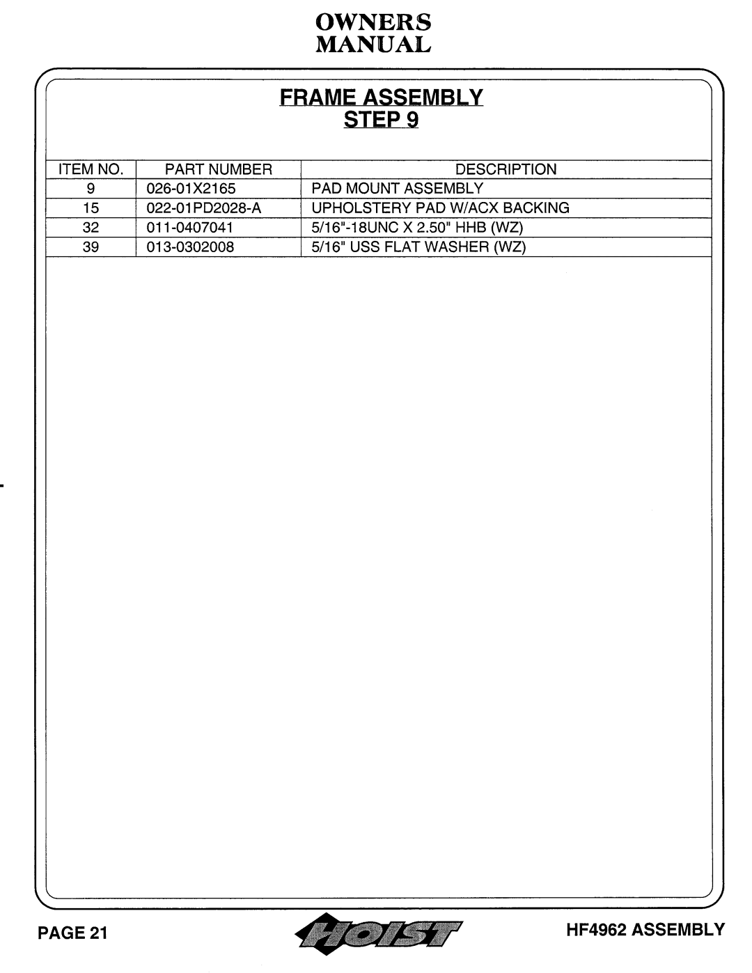 Hoist Fitness HF4962 owner manual 