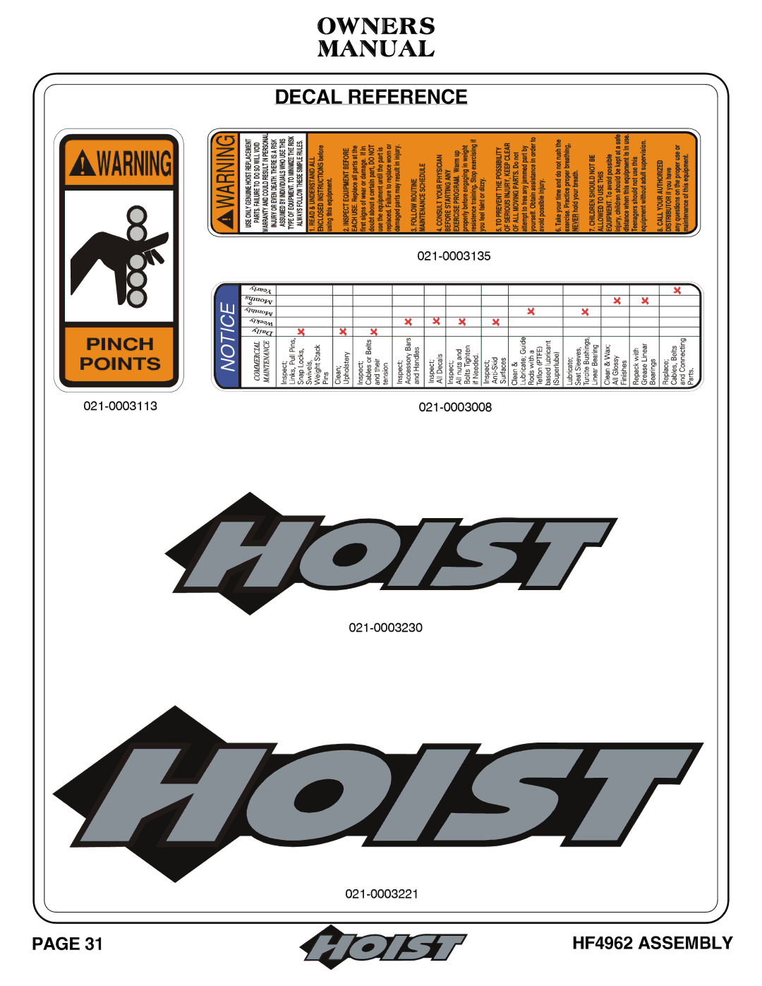 Hoist Fitness HF4962 owner manual Decal Reference 