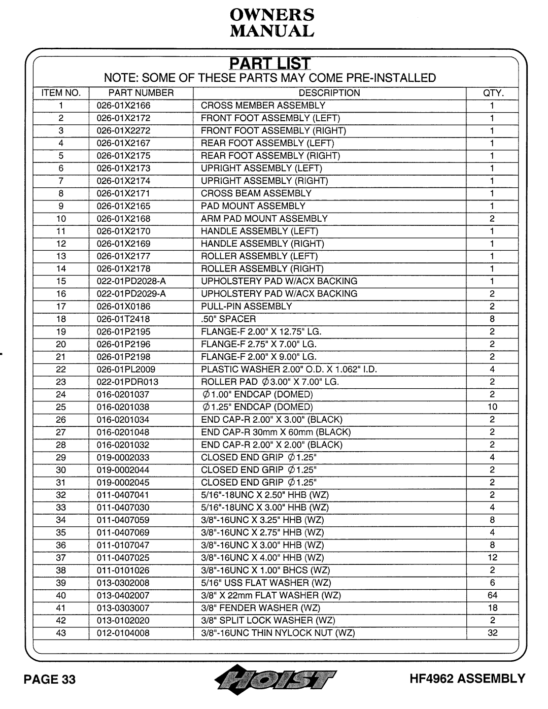 Hoist Fitness HF4962 owner manual 