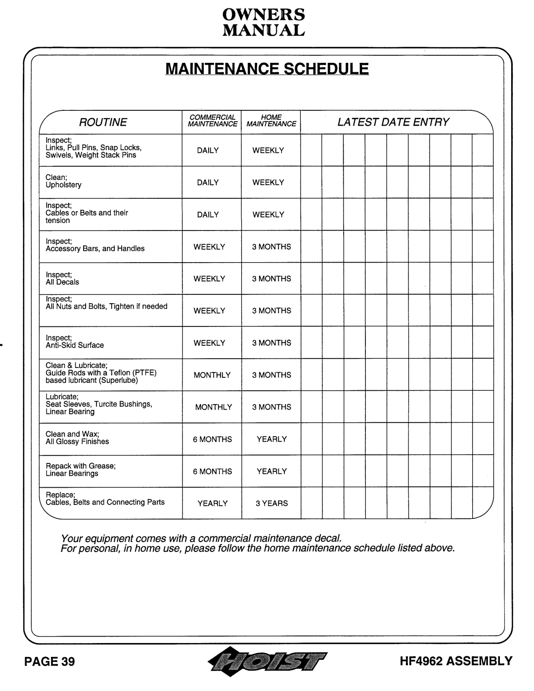 Hoist Fitness HF4962 owner manual 