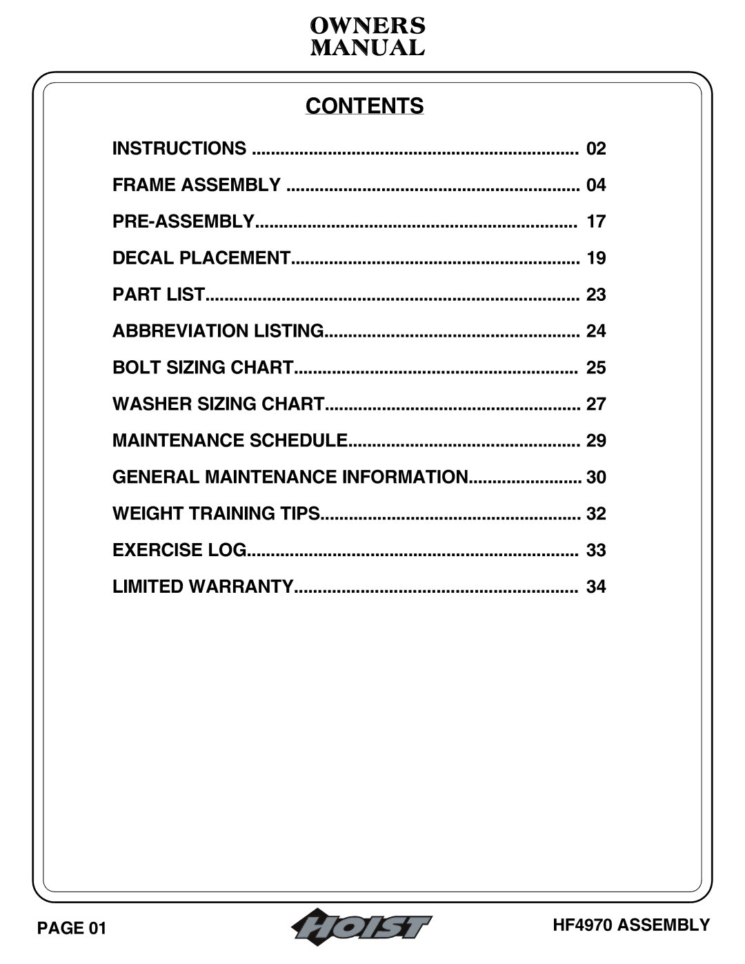 Hoist Fitness hf4970 owner manual Owners Manual 