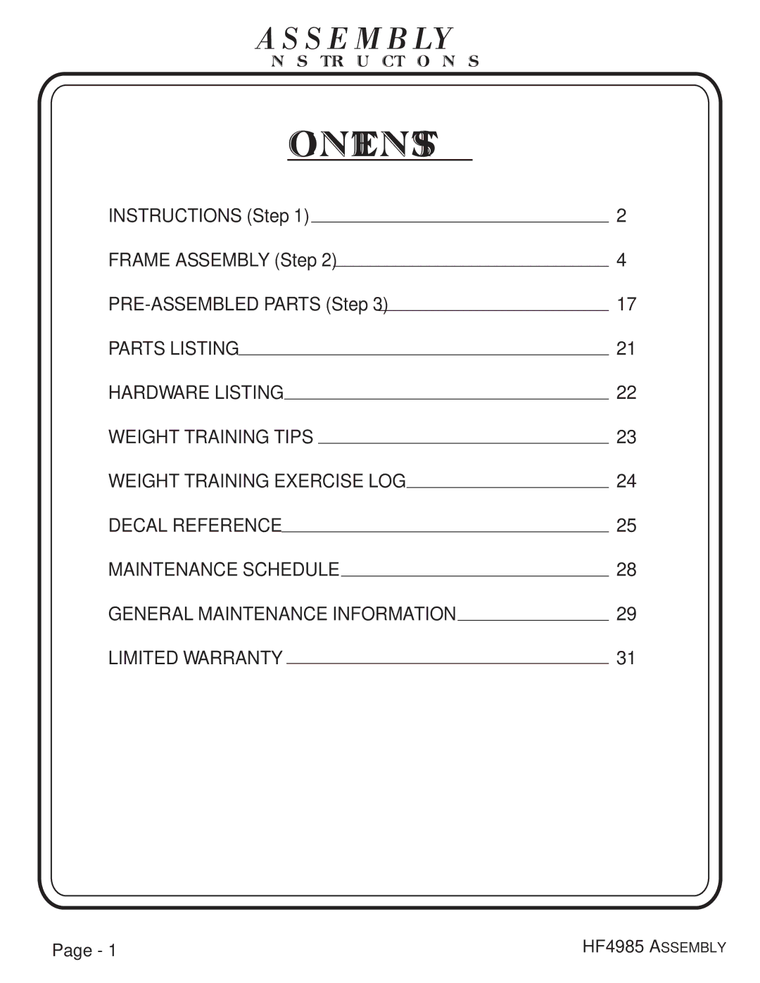 Hoist Fitness HF4985 owner manual Contents 