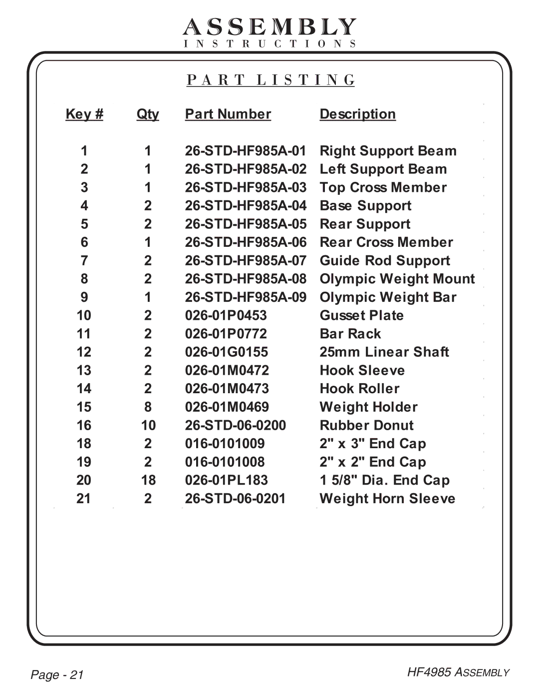 Hoist Fitness HF4985 owner manual R T L I S T I N G 