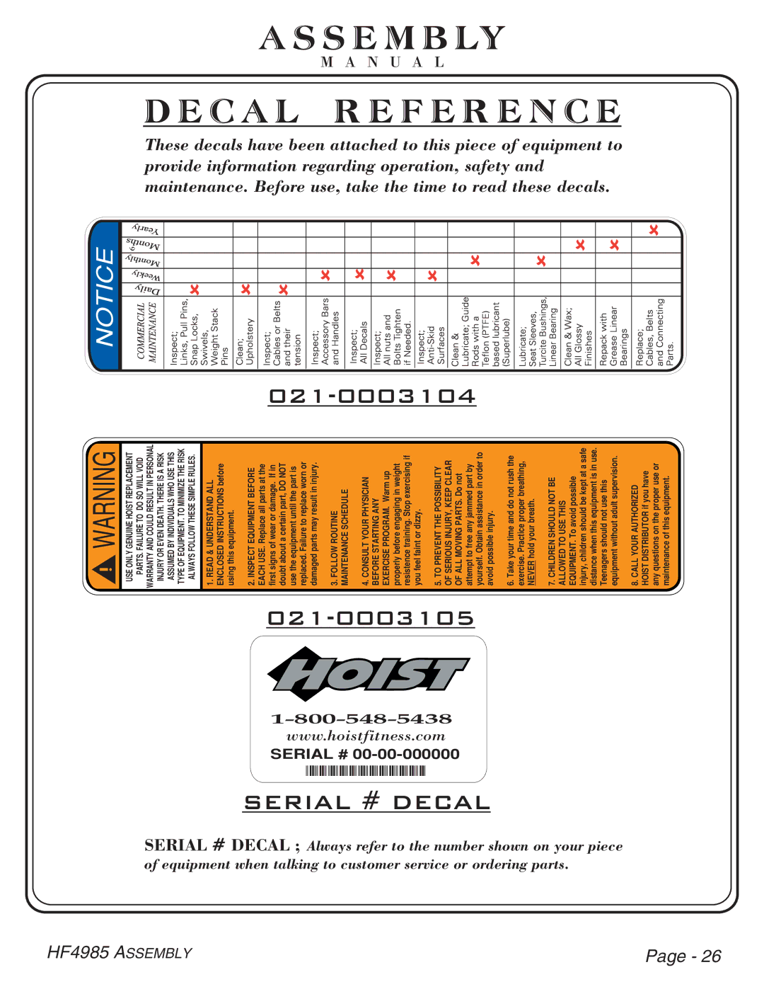 Hoist Fitness HF4985 owner manual C a L R E F E R E N C E 