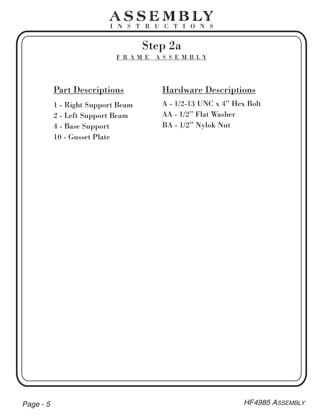 Hoist Fitness HF4985 owner manual Part Descriptions Hardware Descriptions 