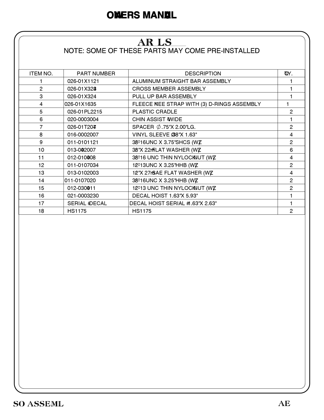 Hoist Fitness HS-OPT-03 owner manual Part List, Chin Assist 4 Wide 