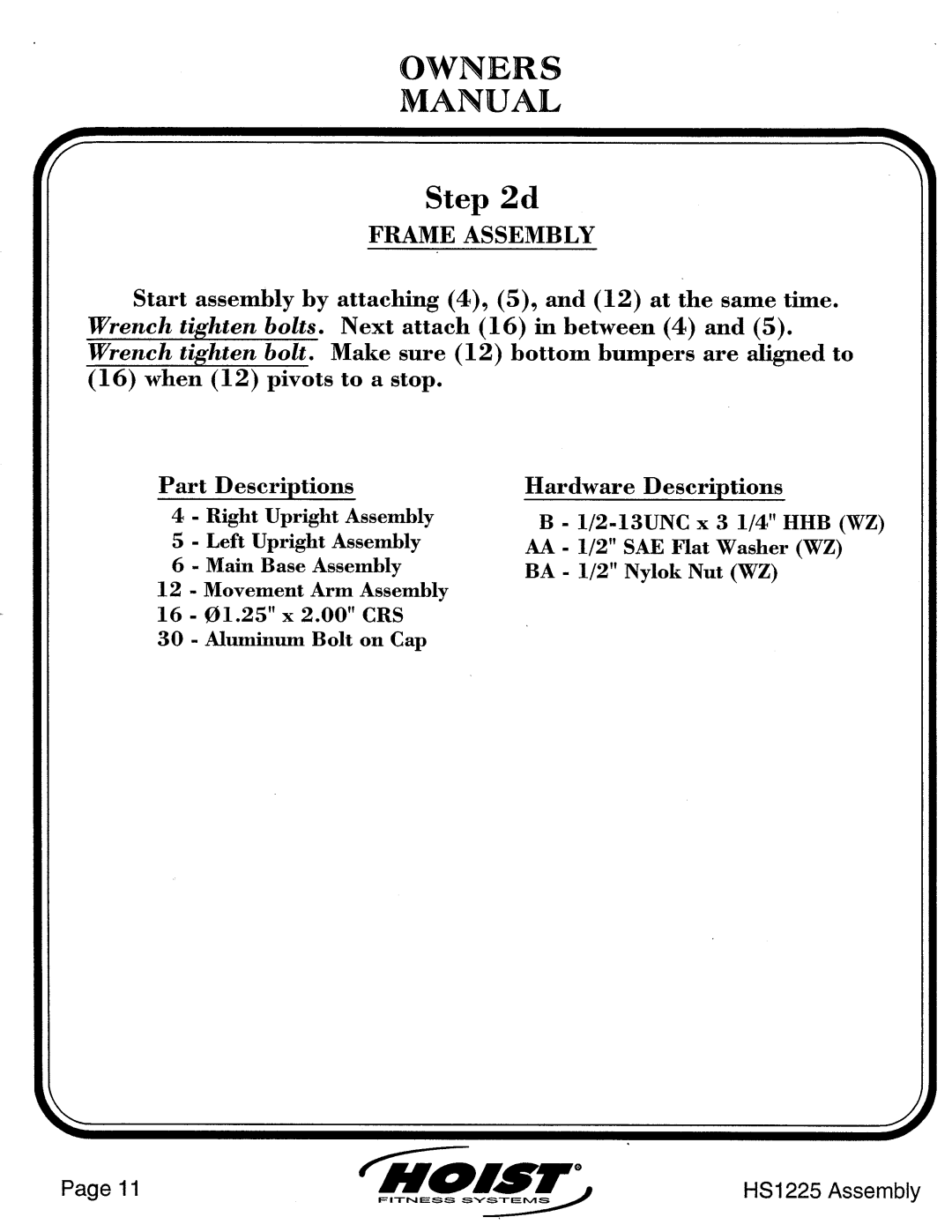 Hoist Fitness HS1225 manual 