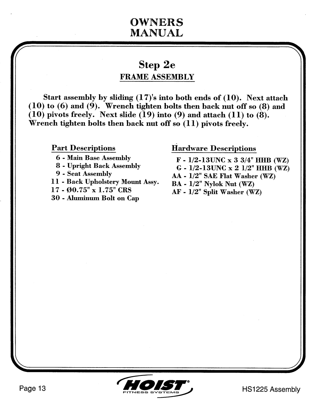 Hoist Fitness HS1225 manual 