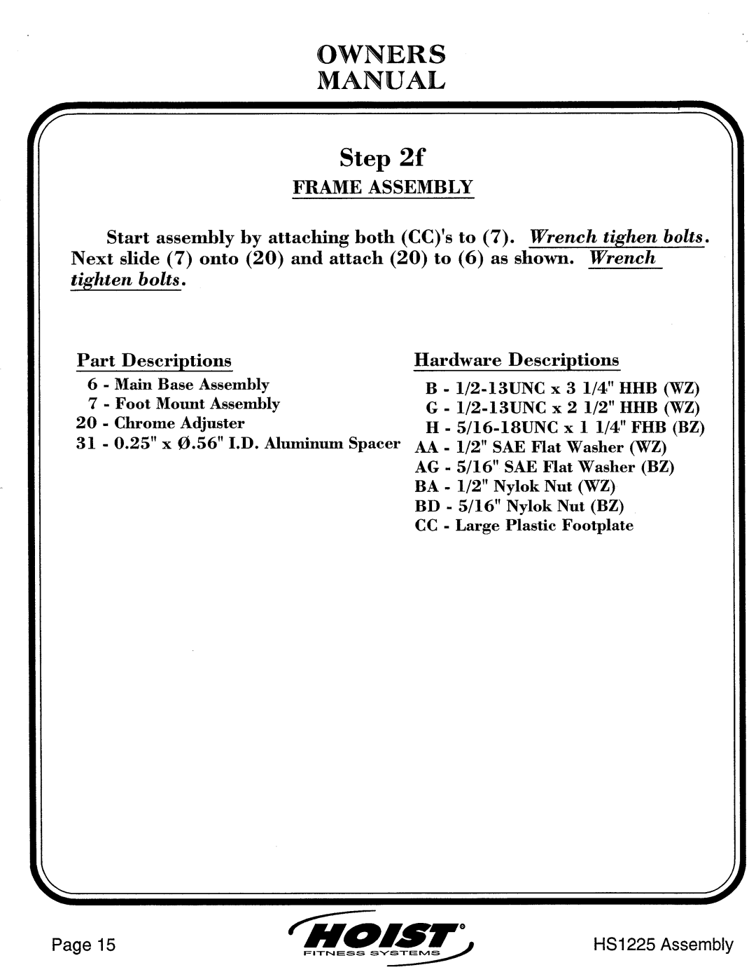 Hoist Fitness HS1225 manual 