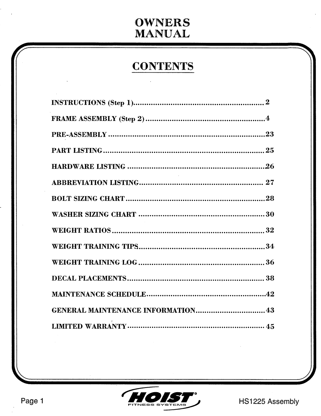 Hoist Fitness HS1225 manual 