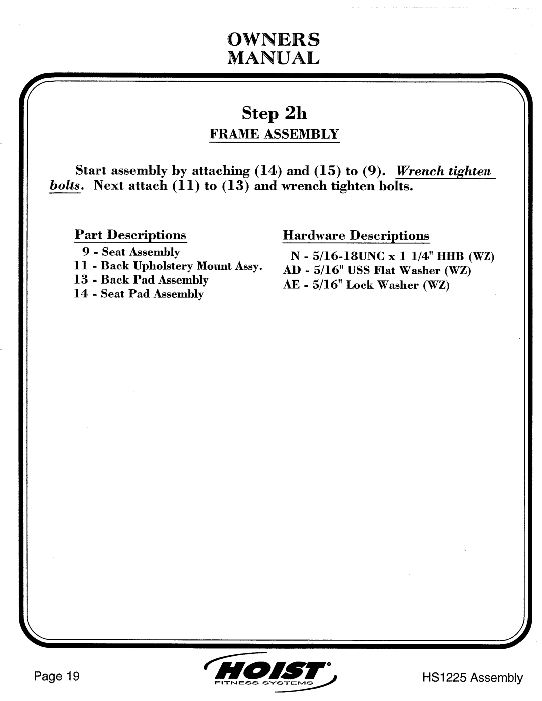 Hoist Fitness HS1225 manual 