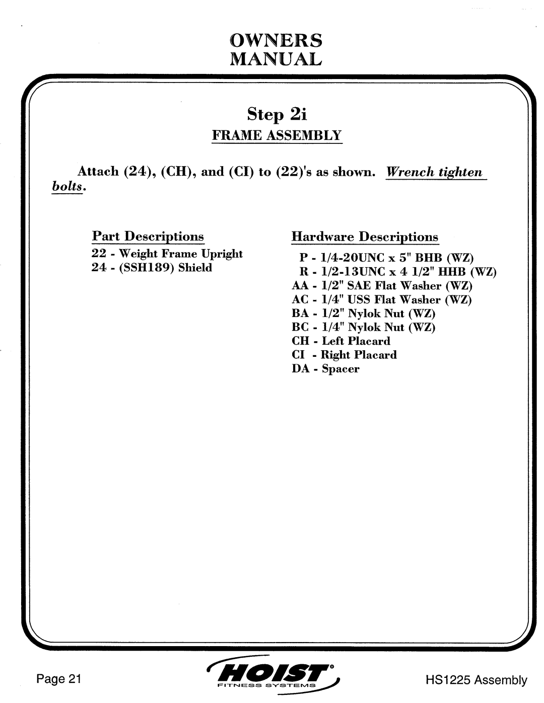 Hoist Fitness HS1225 manual 