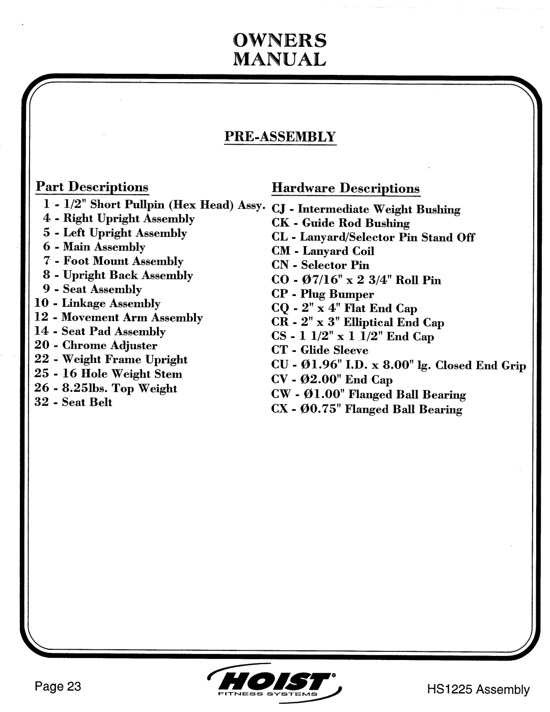 Hoist Fitness HS1225 manual 