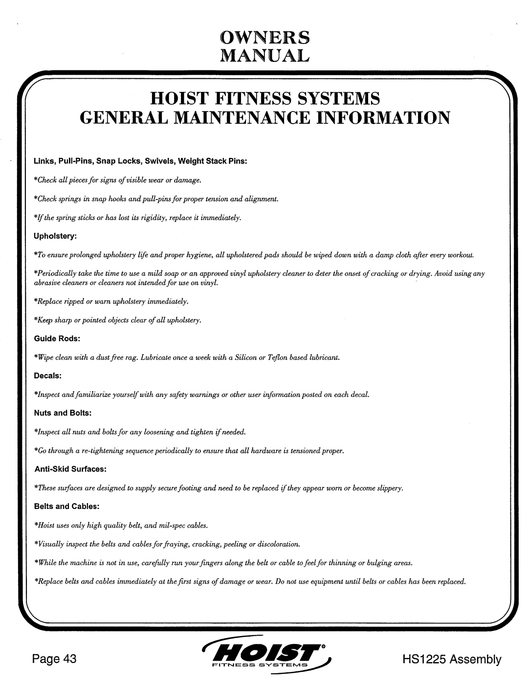 Hoist Fitness HS1225 manual 