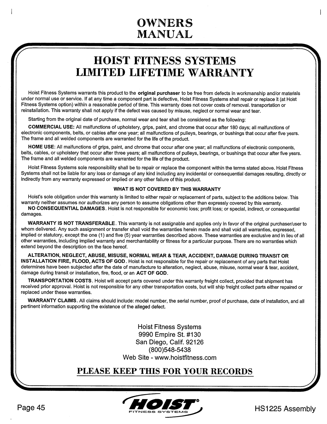 Hoist Fitness HS1225 manual 