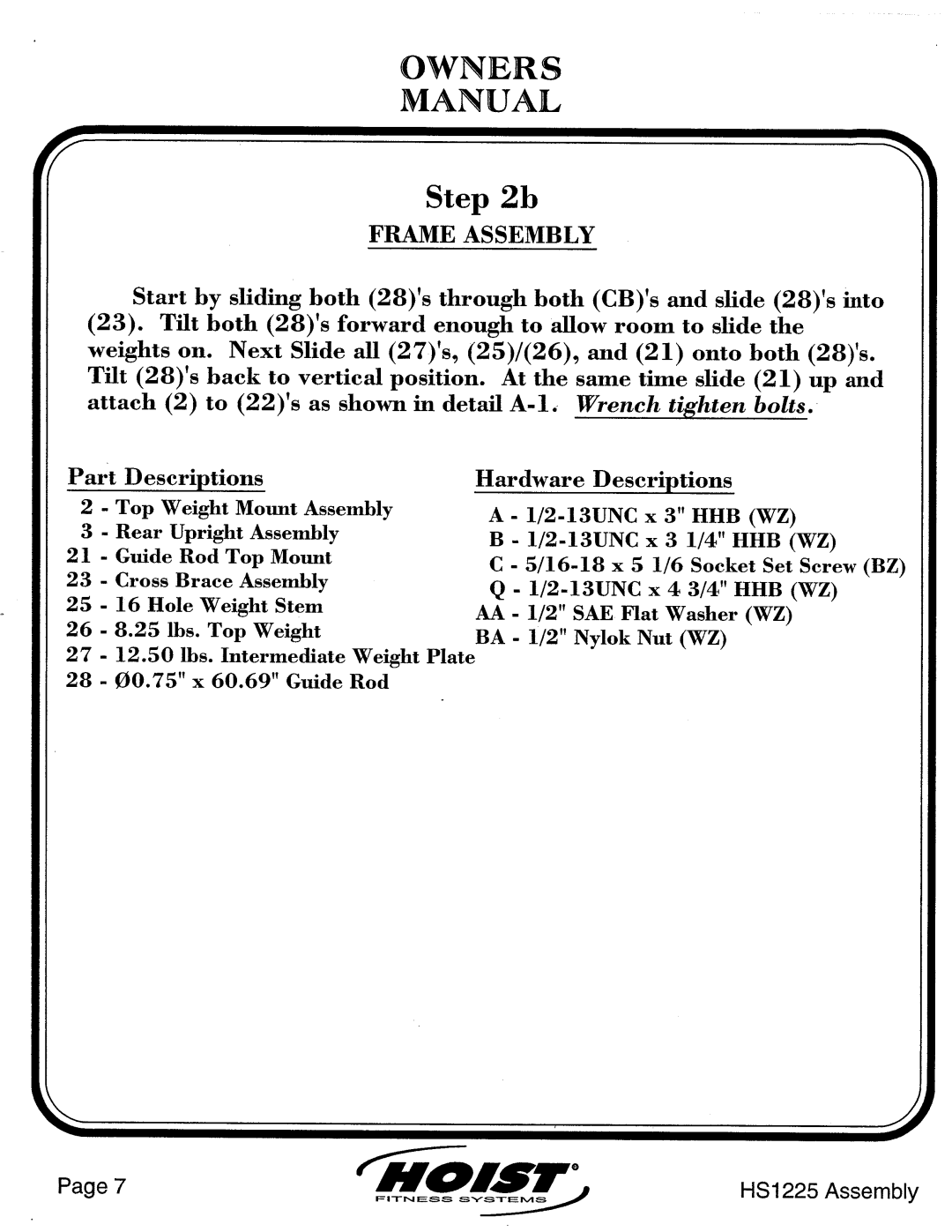 Hoist Fitness HS1225 manual 