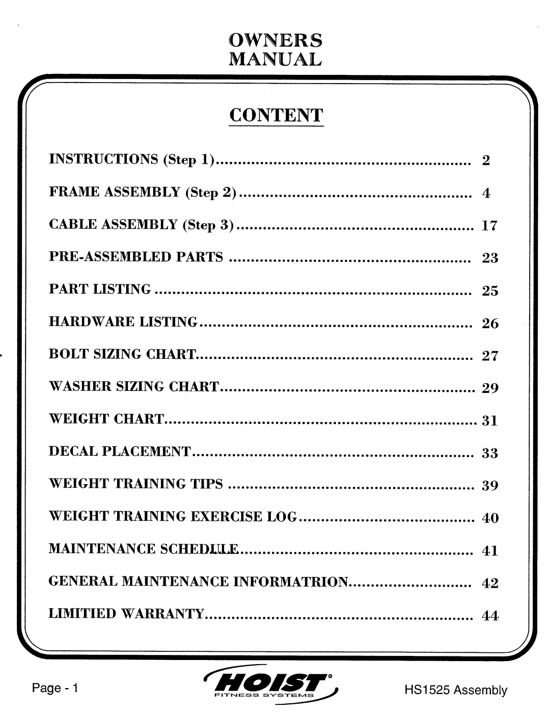 Hoist Fitness HS1525 manual 