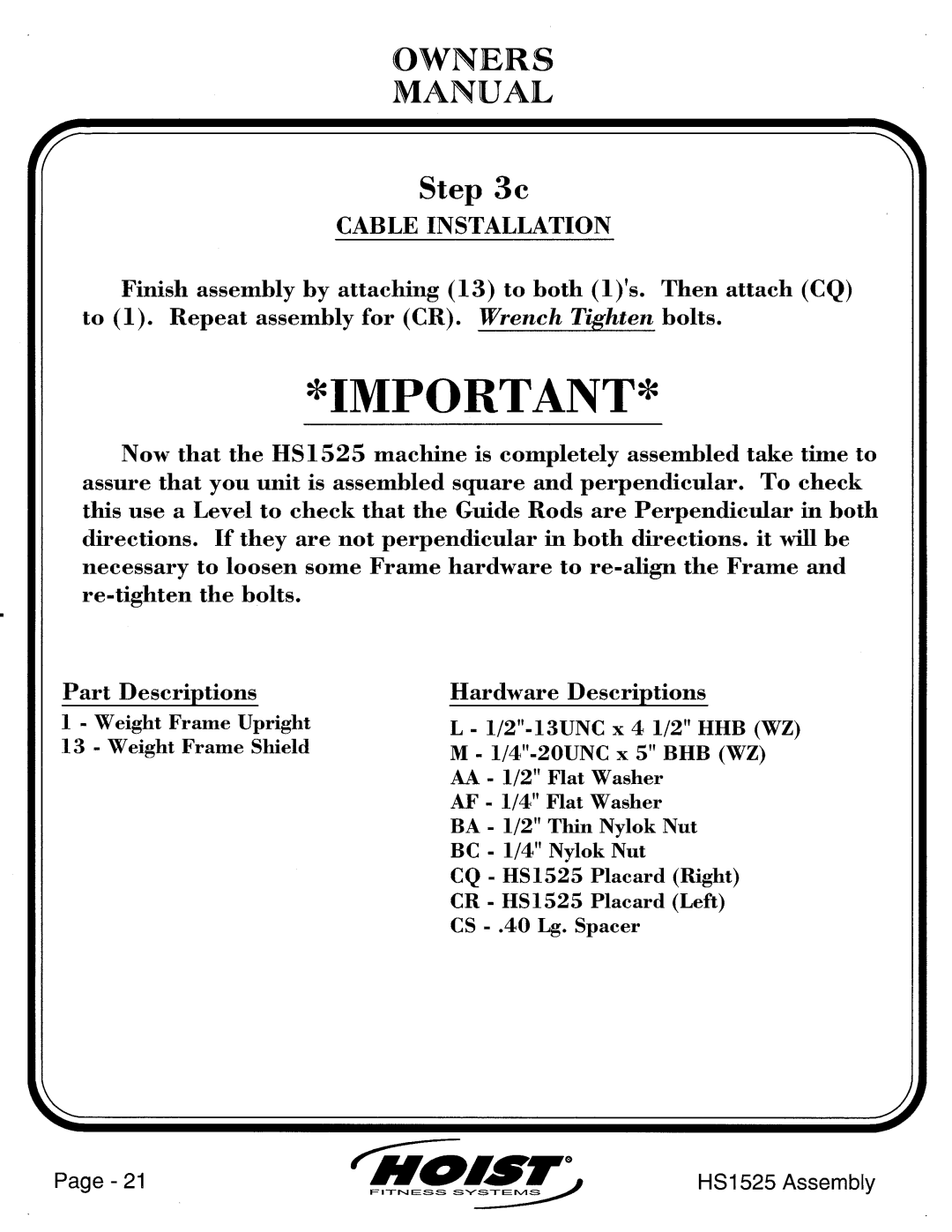 Hoist Fitness HS1525 manual 