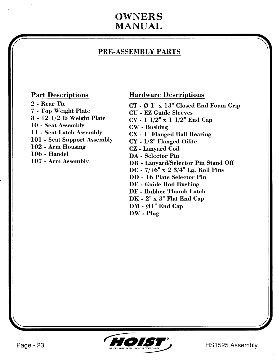 Hoist Fitness HS1525 manual 