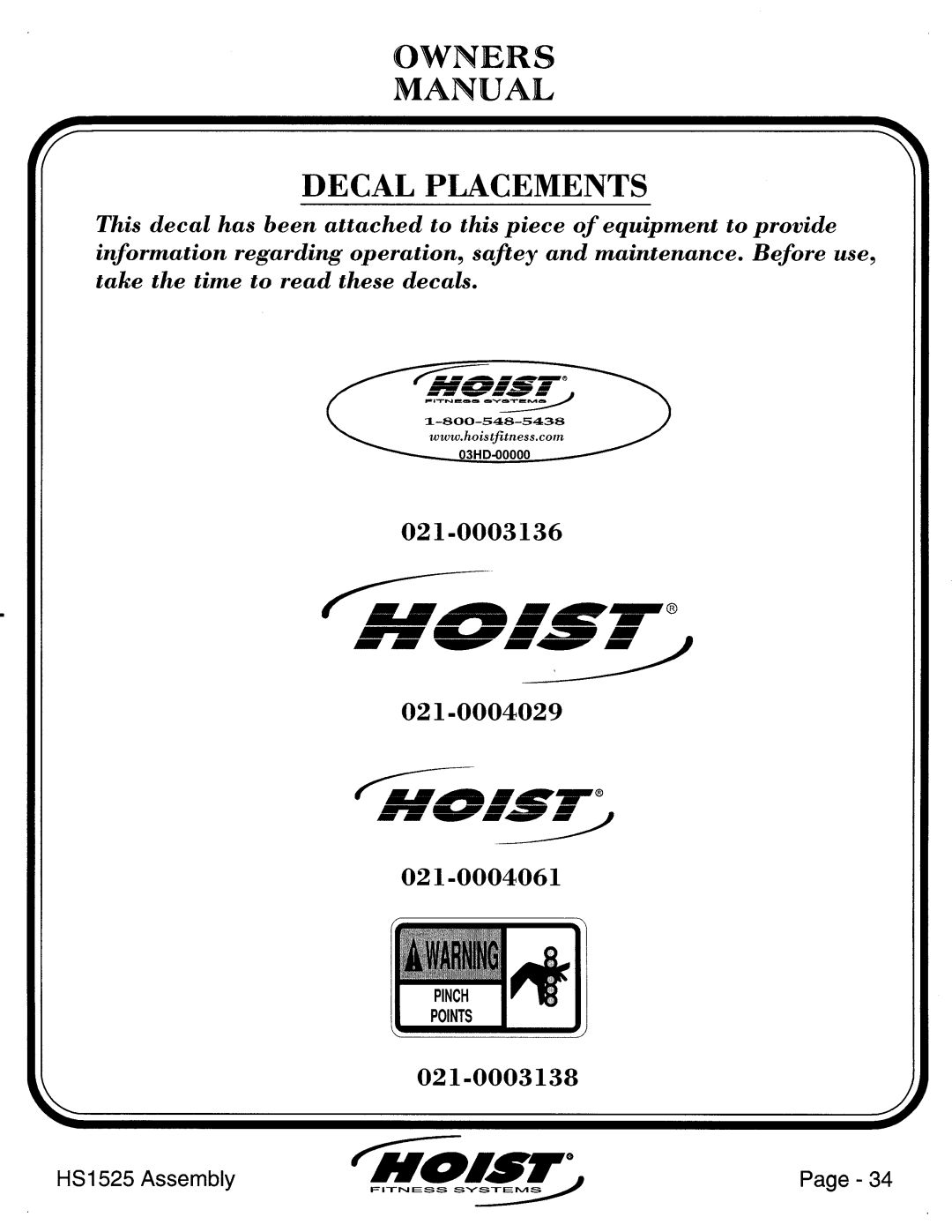 Hoist Fitness HS1525 manual 