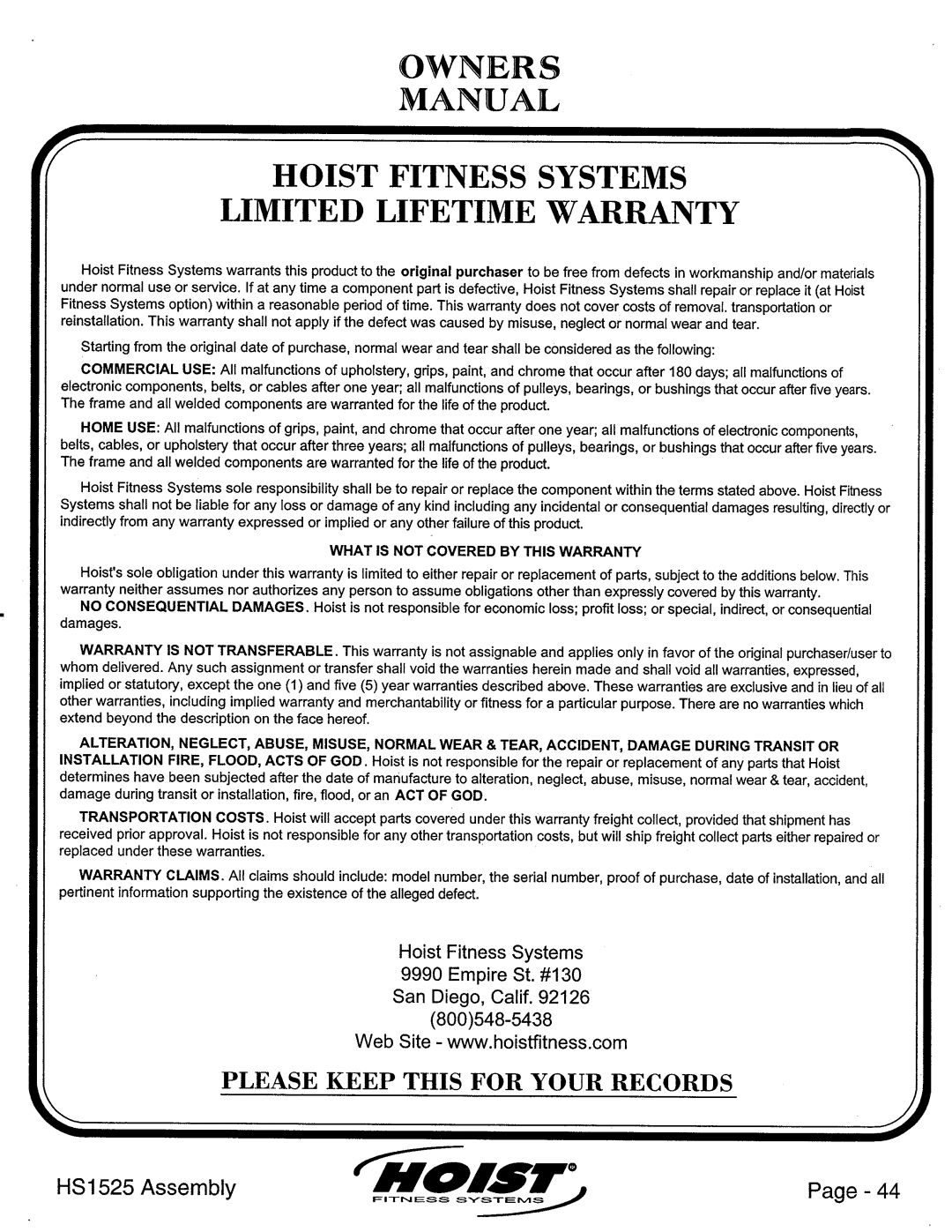 Hoist Fitness HS1525 manual 