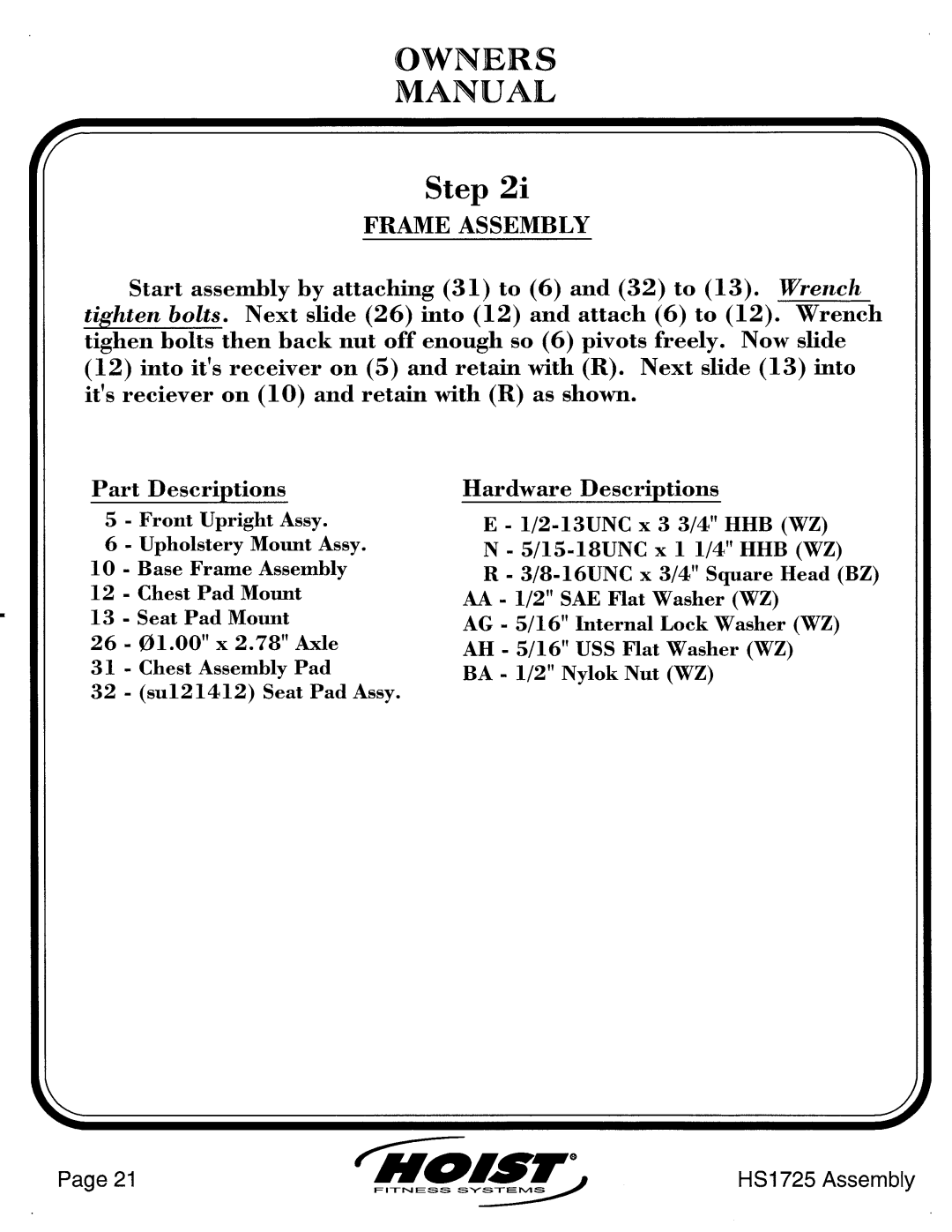 Hoist Fitness HS1725 manual 