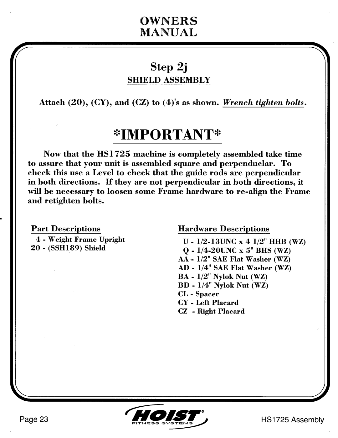 Hoist Fitness HS1725 manual 