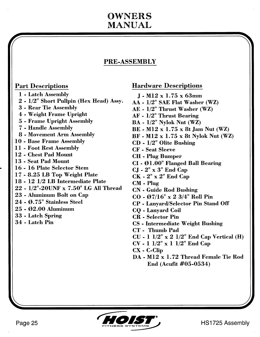 Hoist Fitness HS1725 manual 