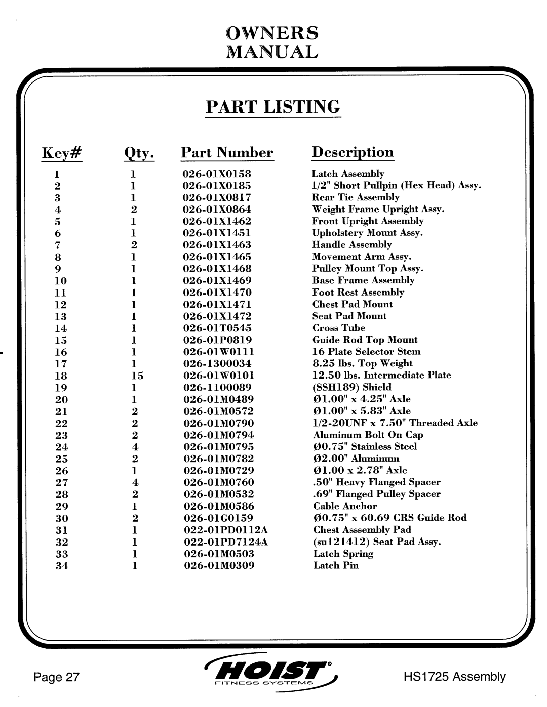 Hoist Fitness HS1725 manual 