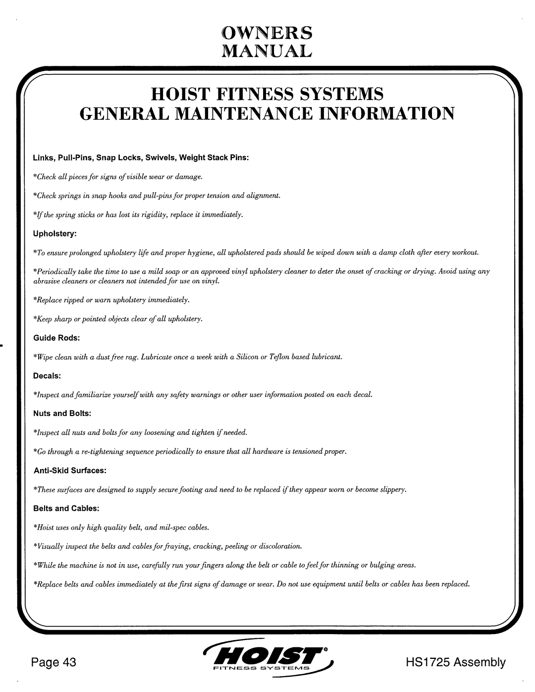 Hoist Fitness HS1725 manual 