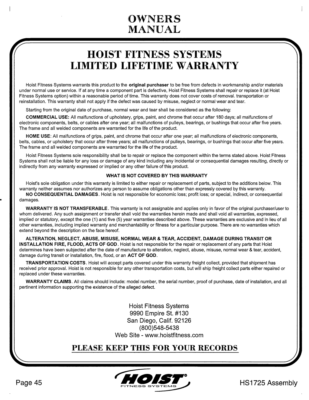 Hoist Fitness HS1725 manual 