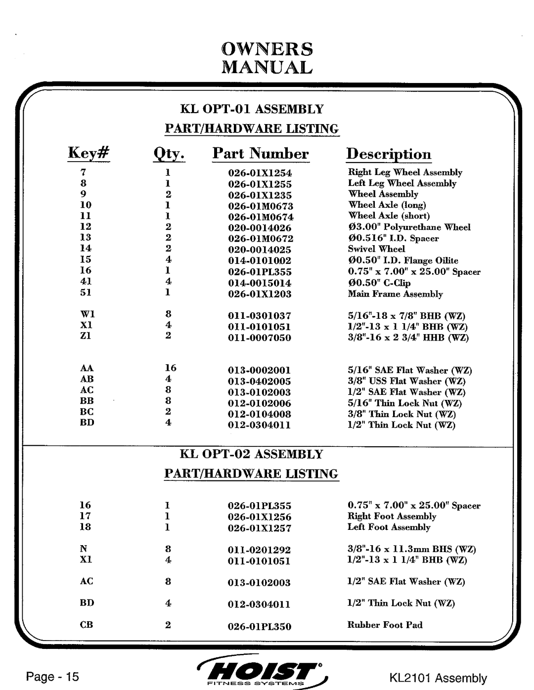 Hoist Fitness KL2101 manual 