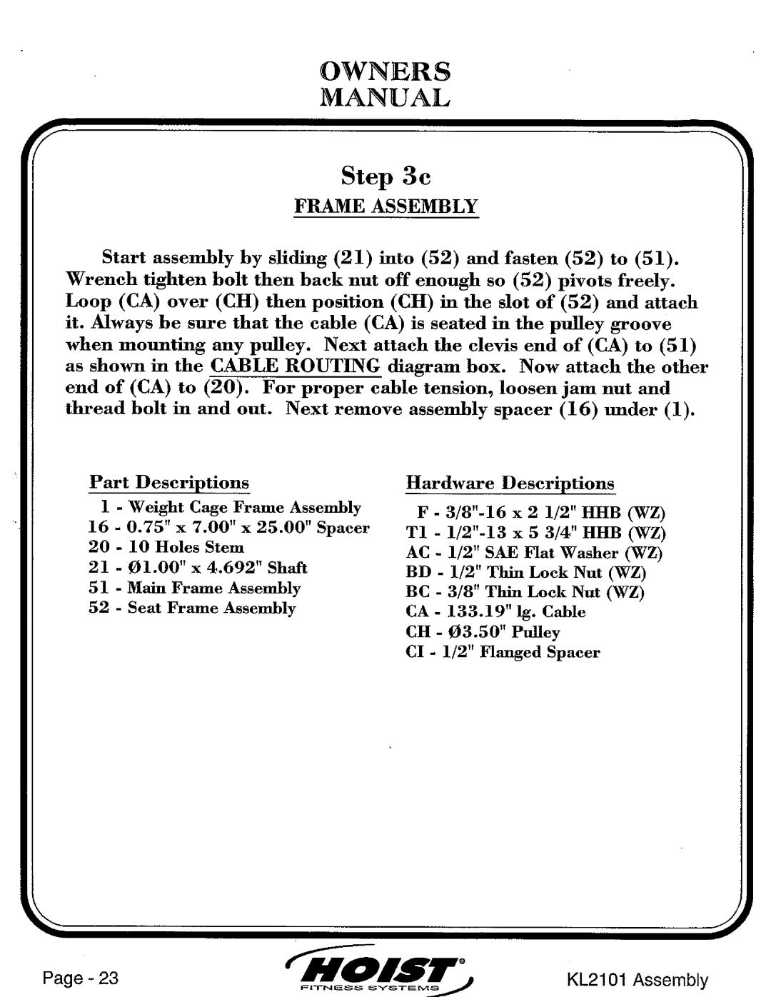 Hoist Fitness KL2101 manual 