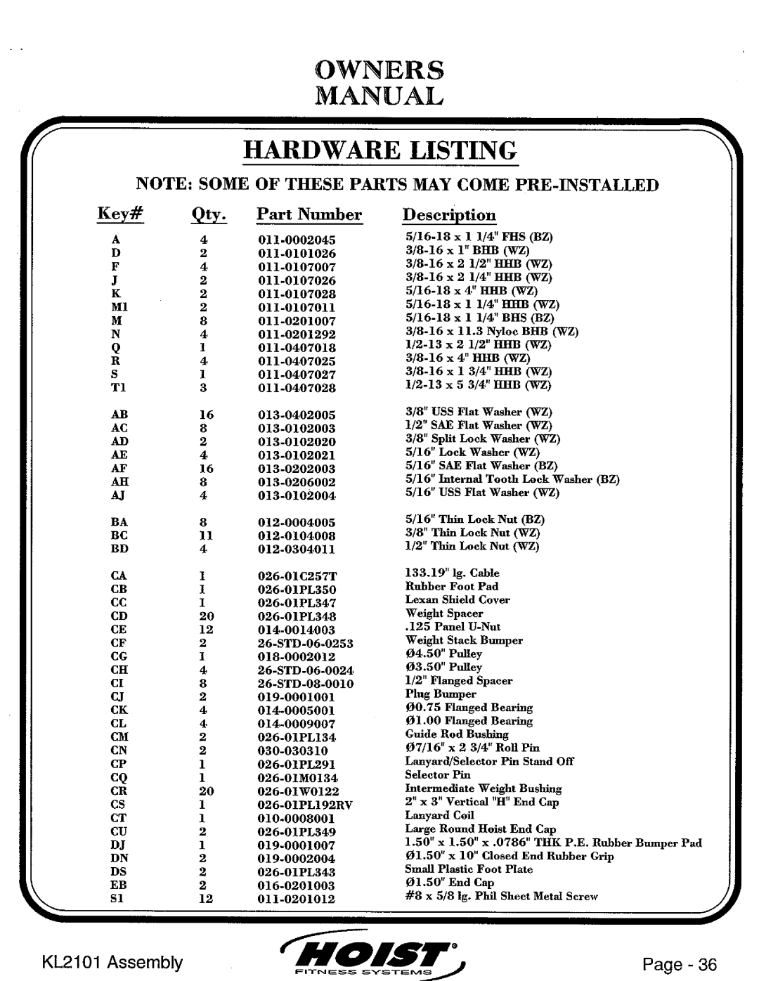 Hoist Fitness KL2101 manual 