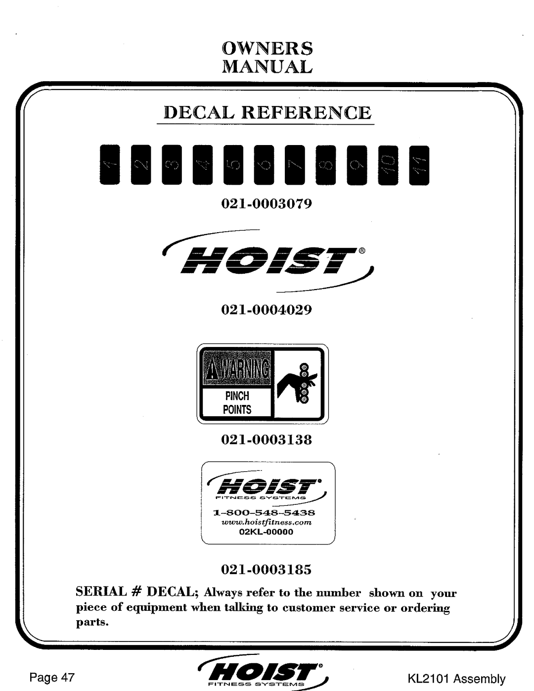 Hoist Fitness KL2101 manual 