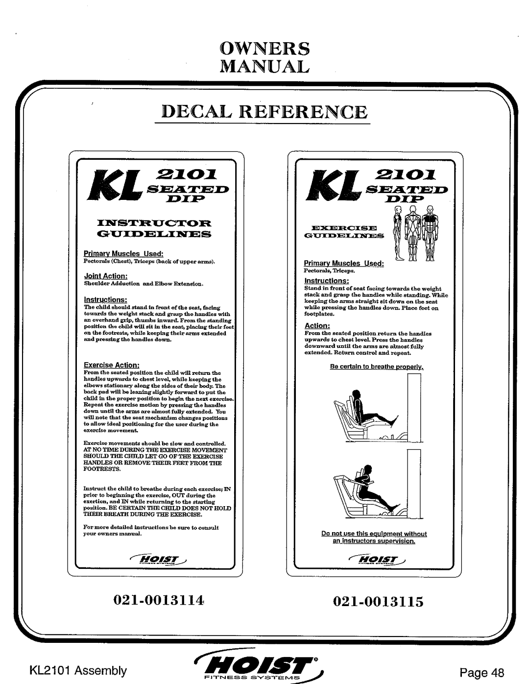 Hoist Fitness KL2101 manual 