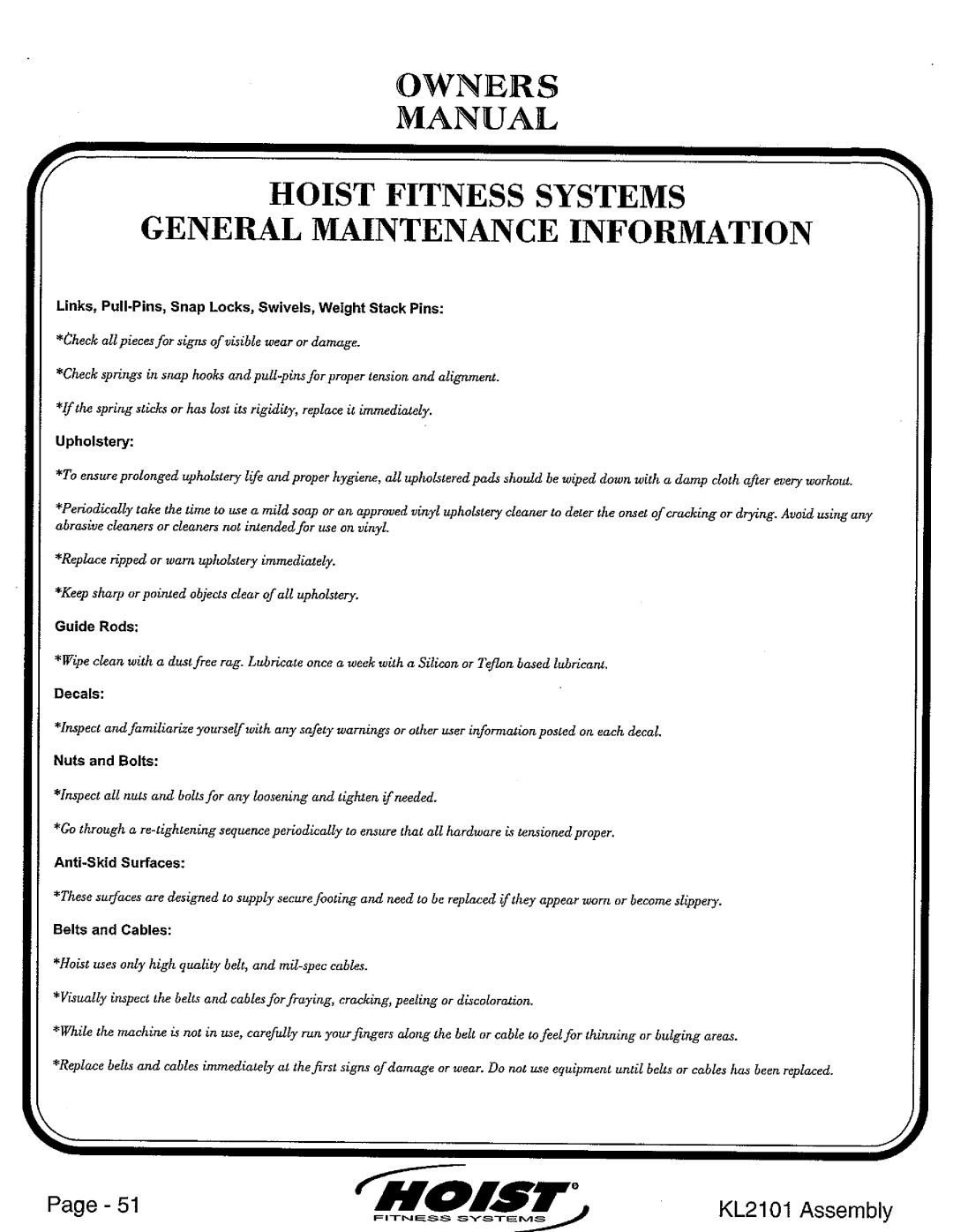 Hoist Fitness KL2101 manual 