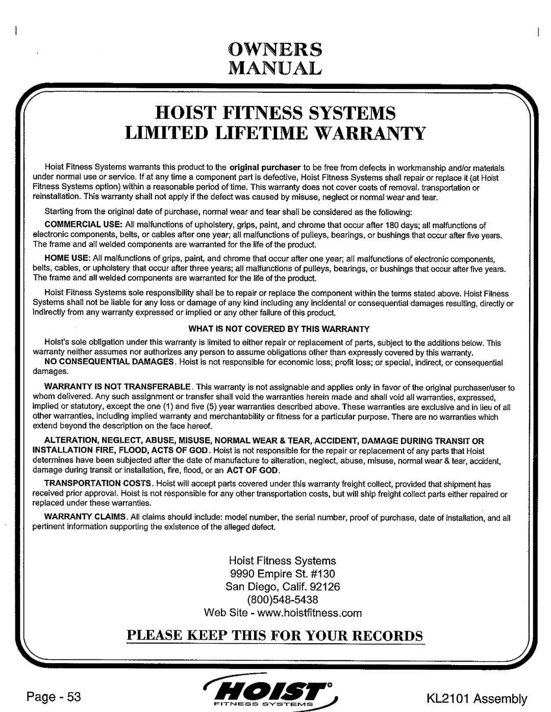 Hoist Fitness KL2101 manual 