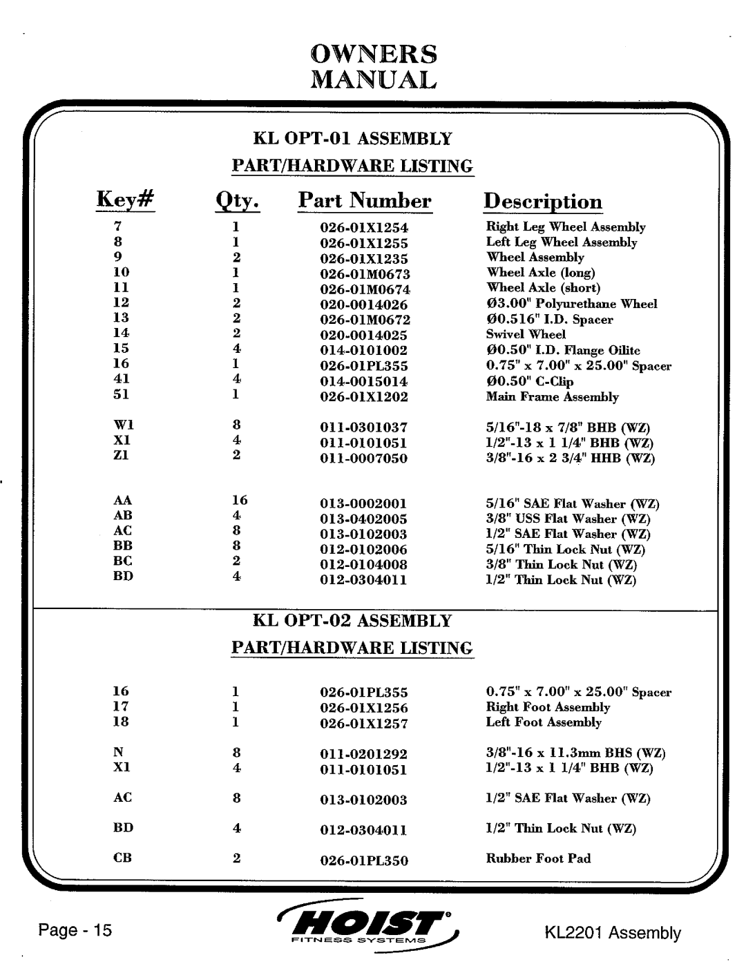 Hoist Fitness KL2201 manual 