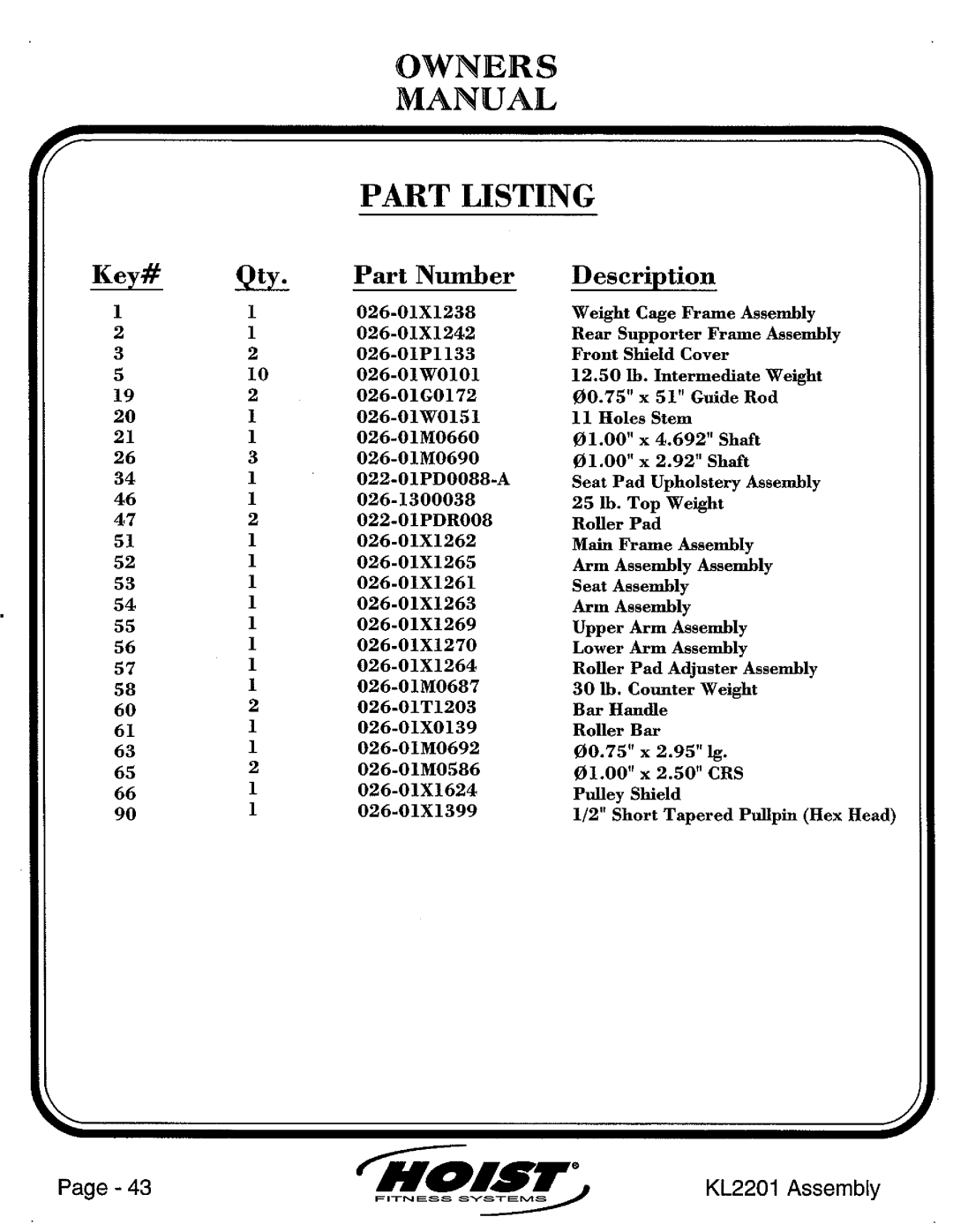 Hoist Fitness KL2201 manual 