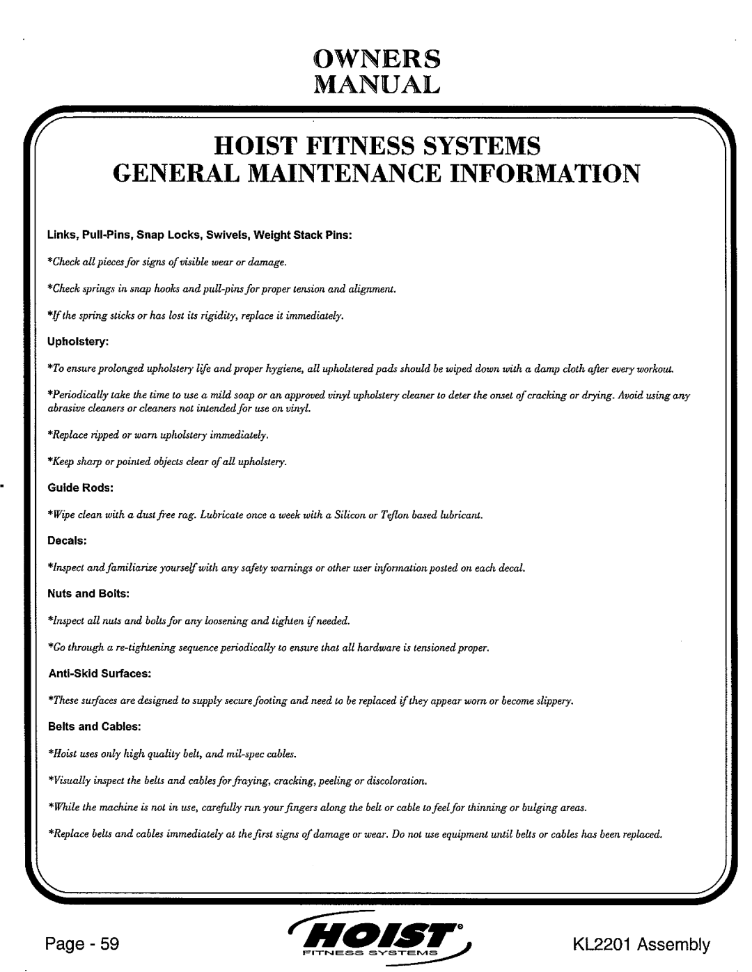 Hoist Fitness KL2201 manual 